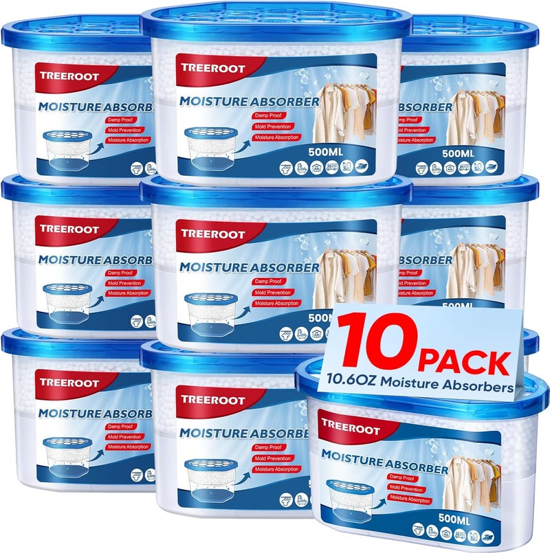 Treeroot 10 Pack Moisture Absorbers, 10.6 OZ Humidity Absorber Bucket, Moisture Absorbers for Closet, Dehumidifier Bucket for Wardrobes、 Kitchens and Bathrooms, Fragrance Free Humidity Absorber - Image 1